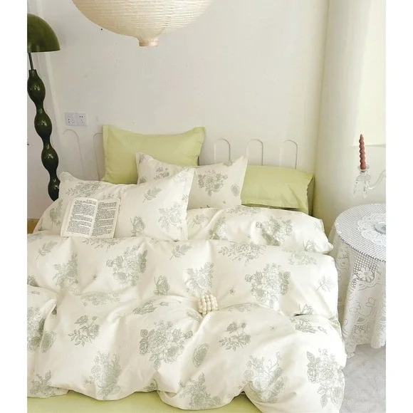 Janet Light Green/White‎ Floral 100% Cotton Duvet Cover Set Full Queen