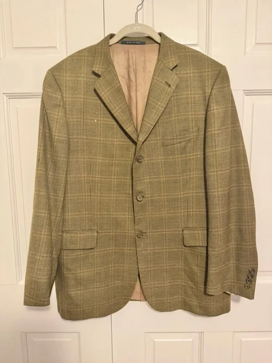 Burberry Bond Street Wool Blazer 44R Tan Plaid Houndstooth Sport Coat USA