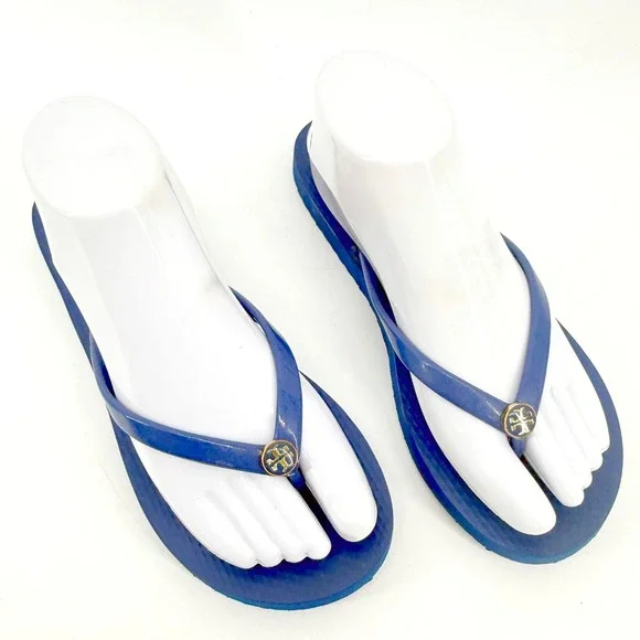 Tory Burch Flip Flops Womens 7-8 Blue Logo Thong Sandals Beach Resort Summer