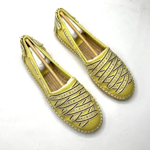 Tory Burch Tory Ribbon Espadrille Blonde Straw Dark Seaweed Yellow Size 7 NEW