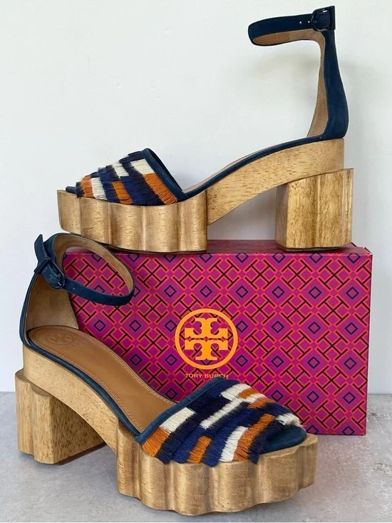 Tory Burch Alma Platform Wooden Block Heel Sandals, Blue Suede 10.5 Like New!