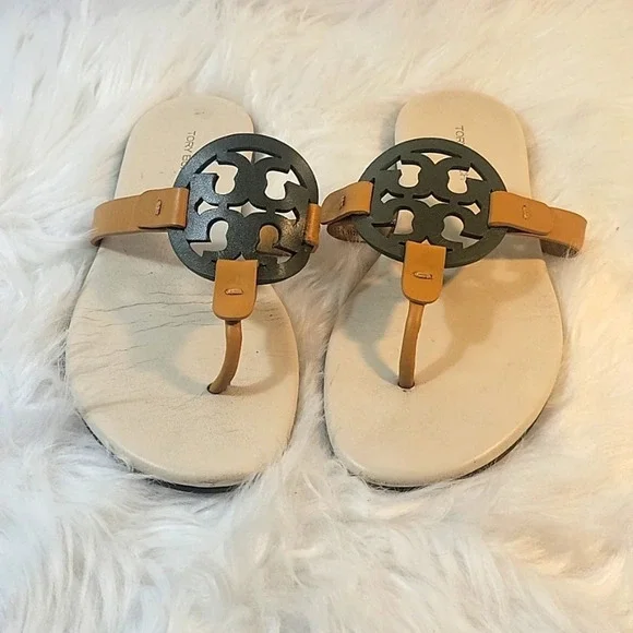 TORY BURCH Miller Logo Leccio/Pesca Soft‎ Calf Leather Sandals Size 6