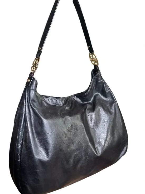 Tory Burch Black Leather Hobo Shoulder Bag Gold Logo Medallions VGUC