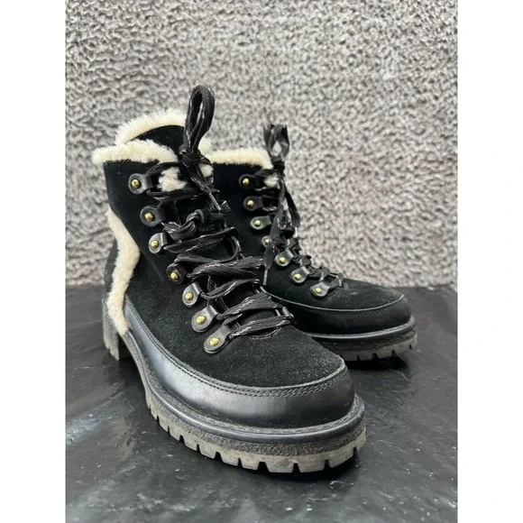 Tory Burch Cooper Suede Shearling Lined Lace-up Boots Black Womens Size‎ 7.5M