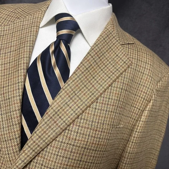 Harold Powell Sport Coat 42L Tan Silk Linen Wool Tweed Check Italy Christopher