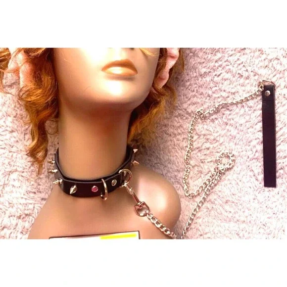 Choker Collar w/ Chain‎ Leash Rivet Studded PU Leather Goth Punk Bondage NEW