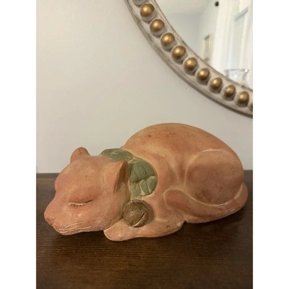 Vintage Hong Kong Terra Cotta Sleeping Cat Figurine Bell Collar 9