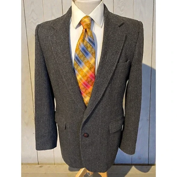 VTG Haggar Mens Gray Donegal Herringbone Tweed Wool Sport Coat Blazer Jacket 42L