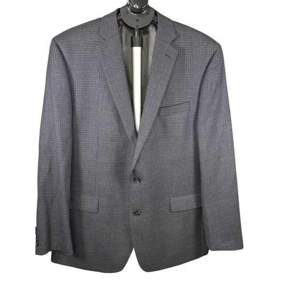 Lauren Ralph Lauren Mens 46L Grey Blue 100% Wool Micro Check Blazer Sport Coat