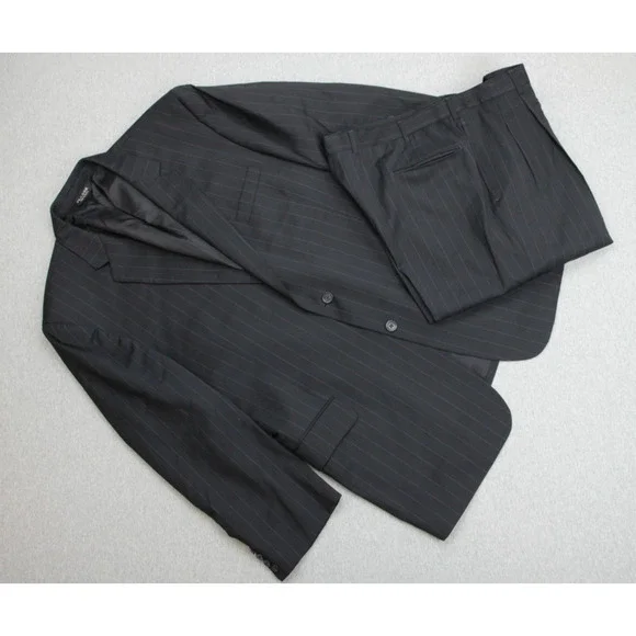 Jos A Bank Suit Mens 48L Black Pinstripe 100% Wool Pants Cuffed Pleated 38 x 30