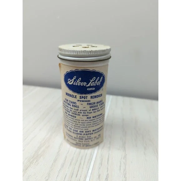 vintage Silver Label miracle hat spot remover powder canister‎ advertising decor