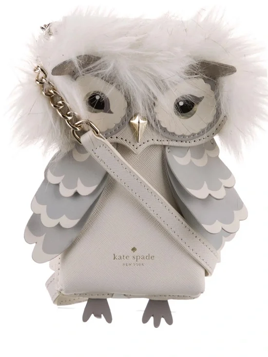 Kate Spade Cream and Gray Owl Crossbody Purse with Fur Trim