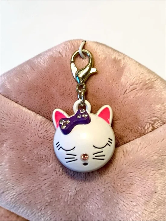 Cute White Cat Charm Keychain with Purple Bow by Alaska Wild Rose designs