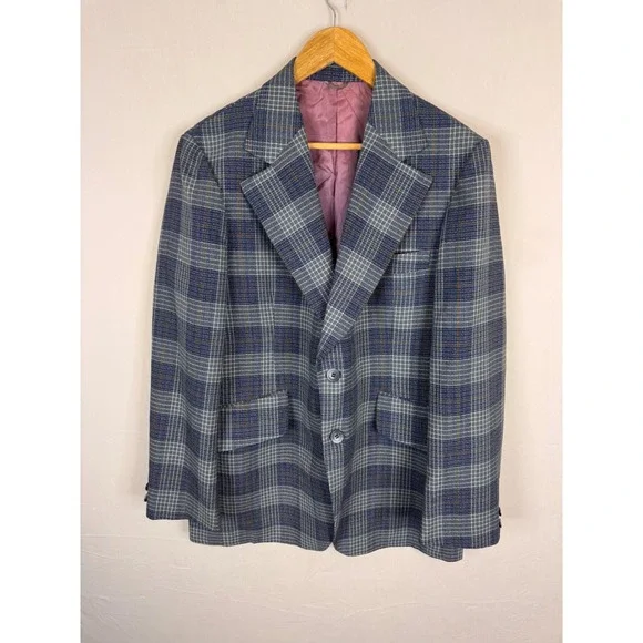 Vintage‎ Zellers Mens 40R  Shop Blue Grey Plaid Wool Blend Blazer Sport Coat 70s