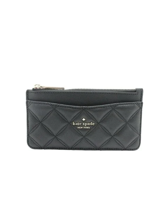 kate spade black quilted zip card wallet with gold-tone logo