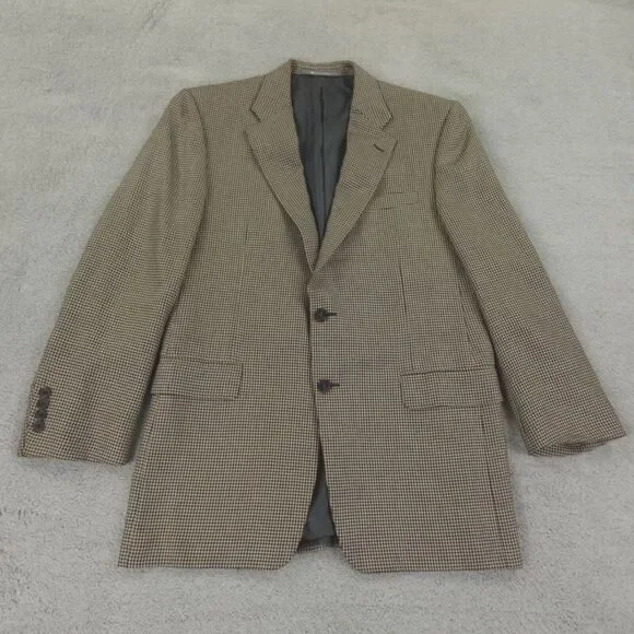 Hickey Freeman Sport Coat Mens 40R Houndstooth Tan Black Silk Camel‎ USA Blazer
