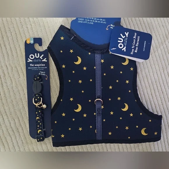 Youly the classic Navy Moon & Stars Cat Harness, Leash and Collar Set (S/M)