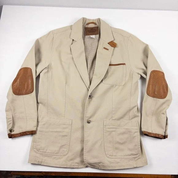 Roundtree Yorke Blazer Mens M Khaki Leather Elbow Patch Safari Sport Coat 90s