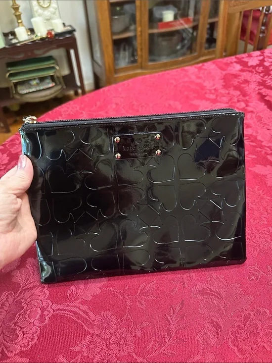 Kate Spade Black Glossy Large Zip Cosmetic Pouch