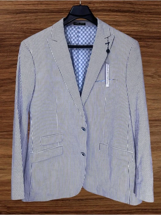 Paisley & Gray Blue & White Stripe Seersucker Sport Coat. 52R