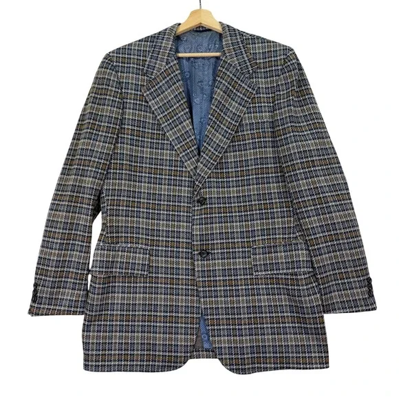 Vintage Sears Men 44XL Travelknit Blazer The Mens Store Blue Brown Plaid 70s USA