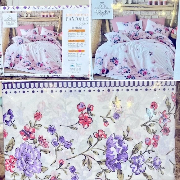 NWT-100% Turkish Cotton-KING Bed-4 Piece Floral Duvet Cover Set-Ranforce Series