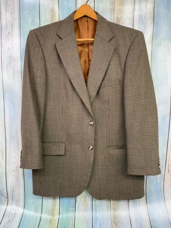 Alan Flusser Lambswool Blazer Jacket Size 42R Brown Tan Plaid Houndstooth