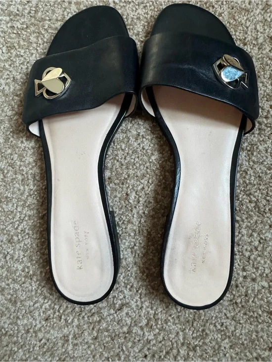 Kate Spade New York Ferry Black Leather  Slide Sandals with silver logo