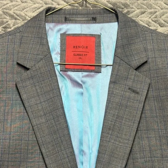 Renoir Mens Classic Fit Gray Plaid Wool Blend 2 Button Blazer Jacket 46L 555-8