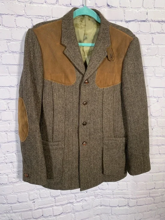 Eddie Bauer Mens VTG Tweed Herringbone Blazer Elbow Patches Brown Sz 38 Preppy