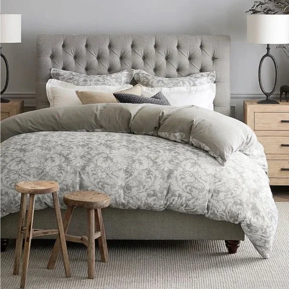 Pottery Barn Talisa Damask Medallion KING Duvet Cover Gray Linen Cotton Blend PB