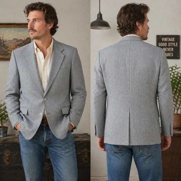 Circle S Dallas Texas Mens Blue Micro‎ Check Western Sport Coat Blazer 44L USA