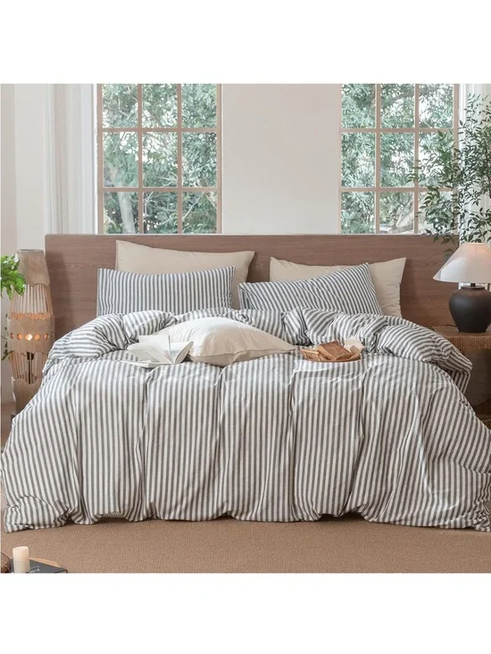 NEW MooMee Classic Striped Duvet Cover Set 100% Washed Cotton Linen Like Texture
