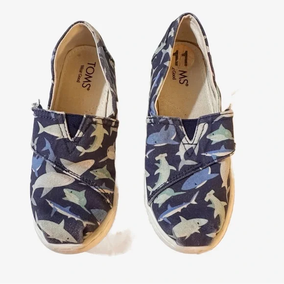 TOMS Alpargata Navy Grey Kids Shark Pattern Casual Slip On Canvas Shoes