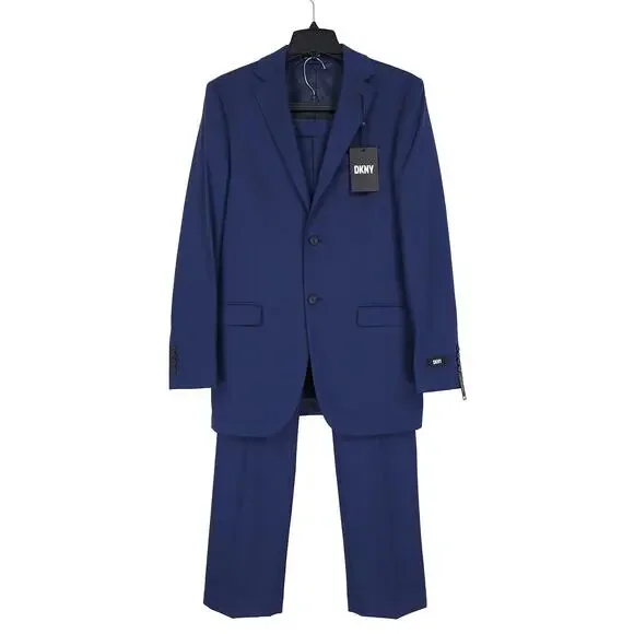 DKNY Mens Modern Fit 2 Piece Suit 38L 32x32 Blue Solid Birdseye Stretch NWT