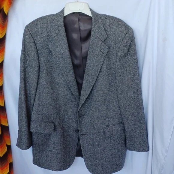 Bernard Allen Wool HerringboneSport Coat  black&white, 44L, Union Made In USA