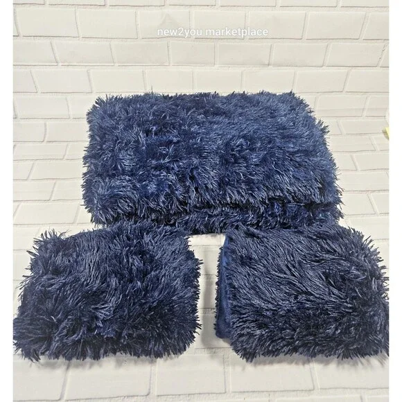 Fluffy Duvet Cover full Size Plush Shaggy Faux Fur Comforter Navy Blue & 2pillow