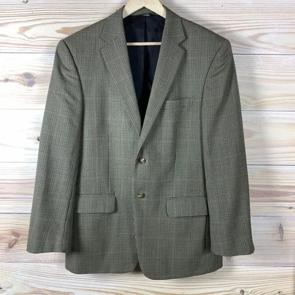 JoS A Bank Travelers‎ Blazer Men 41R 100% Wool Houndstooth Plaid Tan Sports Coat