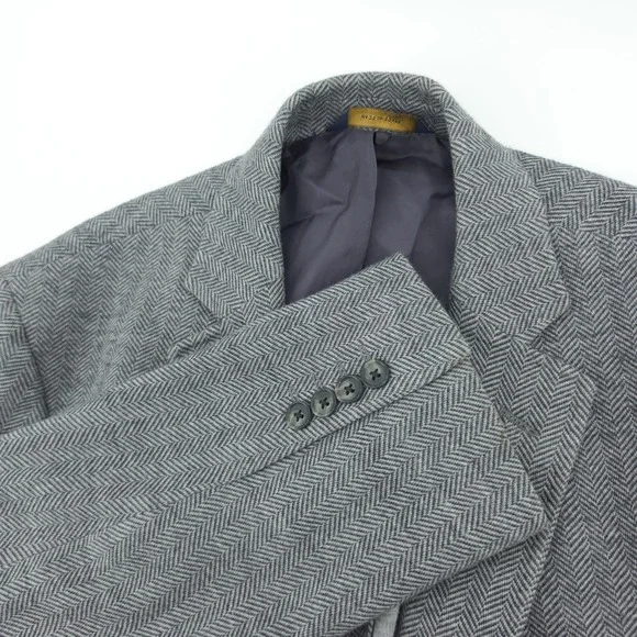 Brooks Brothers Mens Blazer Wool Cotton Herringbone Grey 46R Regent Fit Emmetex