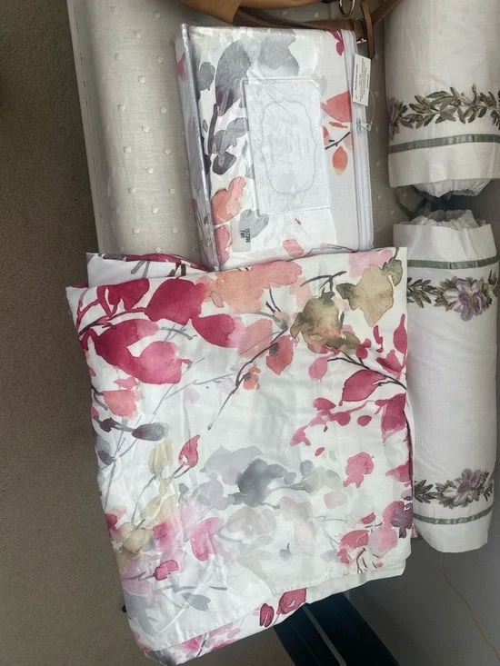 Floral Watercolor Duvet Cover - White with Pink & Gray Accents