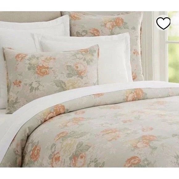 2 Pottery Barn Elora Floral Print Pillow Shams Cover Queen Duvet Set Linen Blend