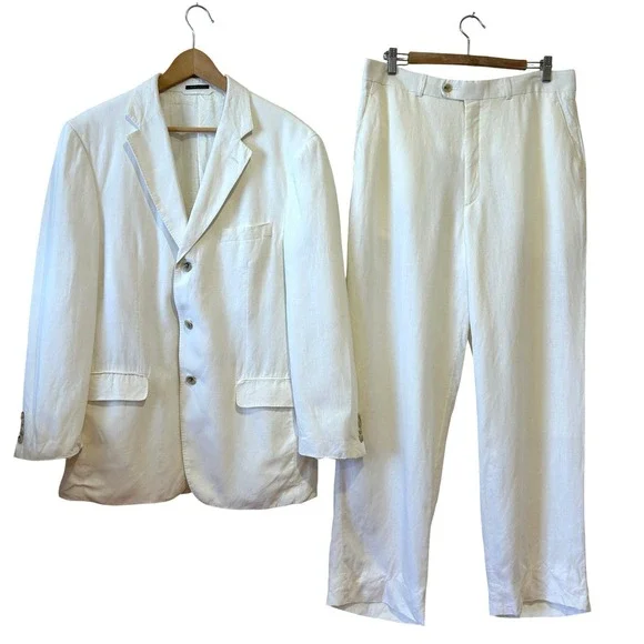 Mens Linen 2 pc Suit 42R/36R Tropical Summer 3 Button Relaxed Fit Lightweight