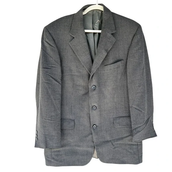 Oscar de la Renta‎ Mens 42R Wool Blazer Grey Black Houndstooth 3-Button Coat