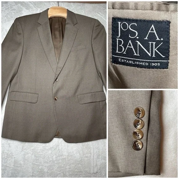 Jos A Banks Blazer 46R Gray Brown 100%‎ Wool 2 Button Single Vent Jacket Casual