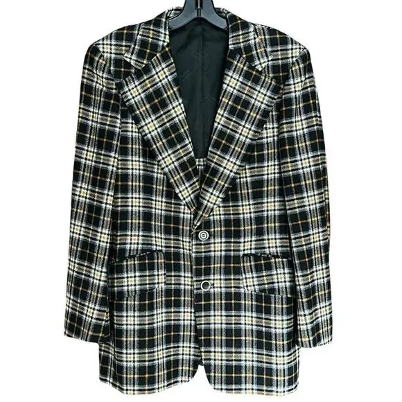 Hardy Amies of London Blazer Sport Coat. Plaid black/gray/gold/white. Sz 42R