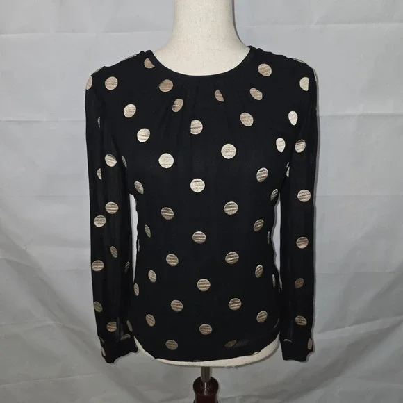 Kate Spade New York Black Gold Metallic Polka Dot Blouse Sheer Sleeve‎ Size 0
