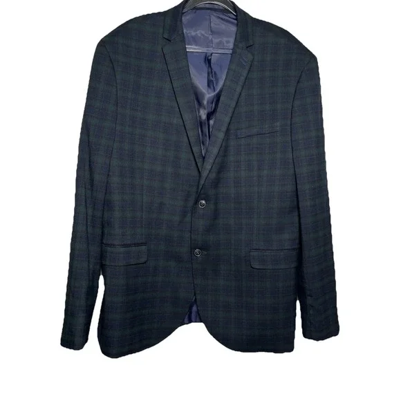 Topman Men's 48R Slim Fit Blue Green Tartan Plaid Two Button Blazer‎ Jacket