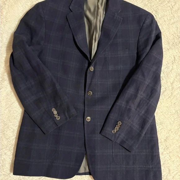 JOS A BANK Linen Men 44R Tailored Fit Blazer Sport Coat Jacket Blue Plaid