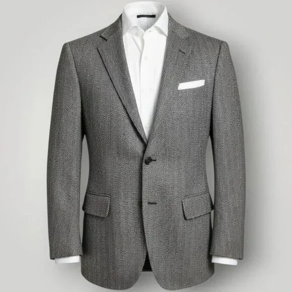 JOSEPH&FEISS Mens Blazer 40S Sport Coat Two Button Jacket Herringbone Wool Gray