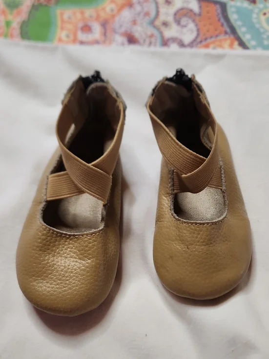 MONKEY FEET 12-18 M  Tan Leather Zip Up Crossover Ballet Style Shoes